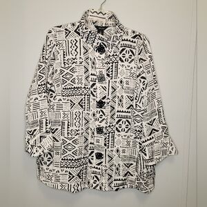 Ali Miles Womens Black & White Shiny Tribal Button-Up Top Size Large